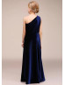 One Shoulder Navy Blue Velvet Long Flower Girl Dress